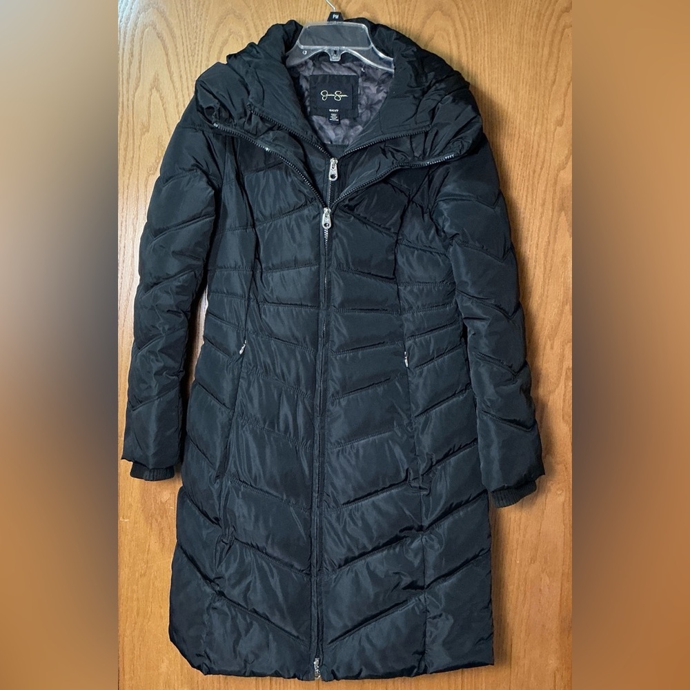 Jessica Simpson Long Black Hooded Puffer Coat Zip Up Winter Jacket XS